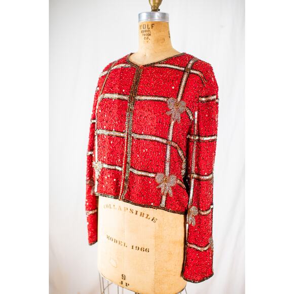 VTG 90s Laurence Kazar Beaded Christmas Blazer Red Silver Holiday Bow Jacket PXL - Picture 2 of 11